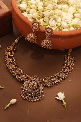 Gold Plated Temple Necklace Set with Peacock Motif 2