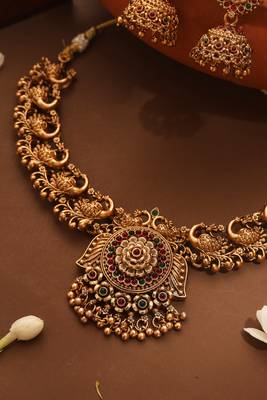 Gold Plated Temple Necklace Set with Peacock Motif 3