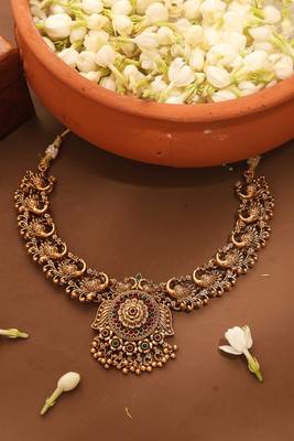 Gold Plated Temple Necklace Set with Peacock Motif 1