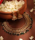 Gold Plated Temple Jewelry Necklace Set with Green Drops