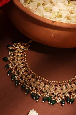 Gold Plated Temple Jewelry Necklace Set with Green Drops 3