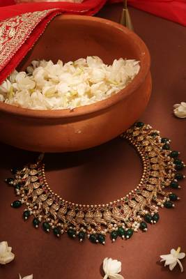 Gold Plated Temple Jewelry Necklace Set with Green Drops 4