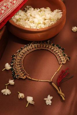 Gold Plated Temple Jewelry Necklace Set with Green Drops 5