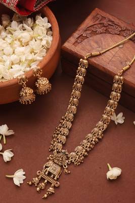 Gold Plated Long Necklace Set with Elephant Motif Pendant 1
