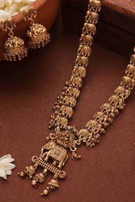 Gold Plated Long Necklace Set with Elephant Motif Pendant 2