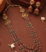 Three-Layer Long Necklace Set with Red and Green Stone Studs - Temple Jewelry