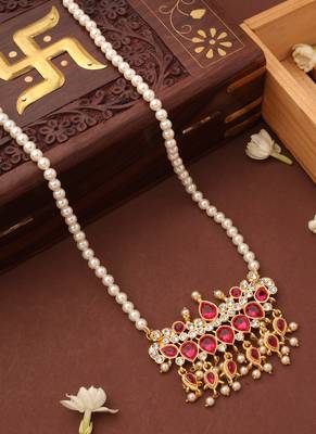 Long Pearl Necklace with Ruby Stone Pendant 1