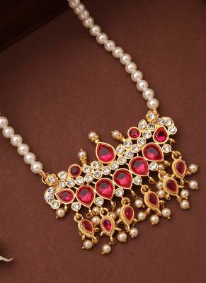 Long Pearl Necklace with Ruby Stone Pendant 3