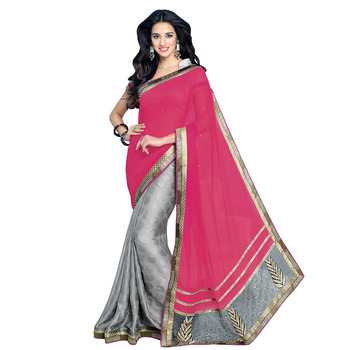 pink saree with grey blouse