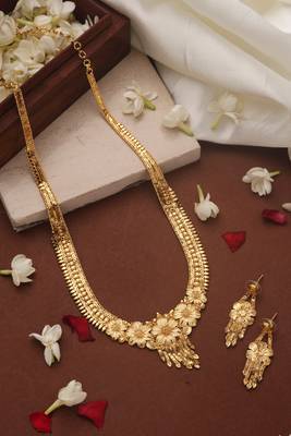Gold Plated Long Necklace Set with Floral Designs 1