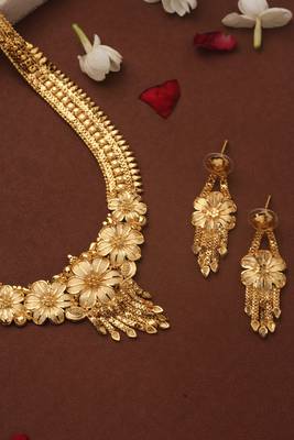 Gold Plated Long Necklace Set with Floral Designs 2