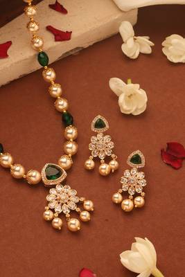 Pearl Necklace with American Diamonds and Green Stone Accents 1