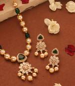 Pearl Necklace with American Diamonds and Green Stone Accents