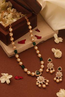 Pearl Necklace with American Diamonds and Green Stone Accents 2