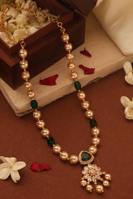 Pearl Necklace with American Diamonds and Green Stone Accents 4