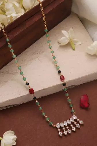 Mint Green Necklace with American Diamond Pendant