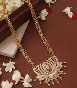 Gold plated long necklace with lotus pendant and american diamond accents
