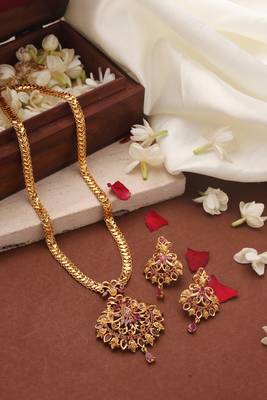 Gold Plated Long Necklace Set with Ruby Stone Studded Pendant 1