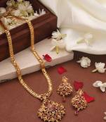 Gold Plated Long Necklace Set with Ruby Stone Studded Pendant
