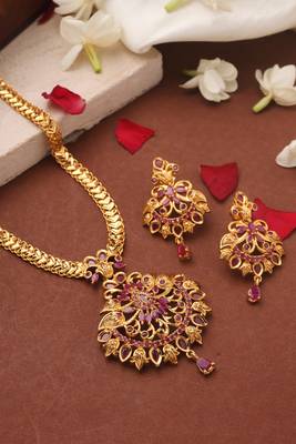 Gold Plated Long Necklace Set with Ruby Stone Studded Pendant 2