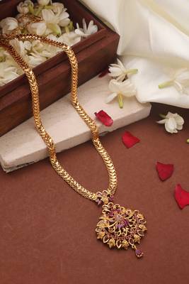 Gold Plated Long Necklace Set with Ruby Stone Studded Pendant 3