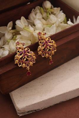 Gold Plated Long Necklace Set with Ruby Stone Studded Pendant 5