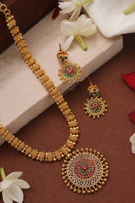 Gold plated necklace with round american diamond stone studded pendant 2