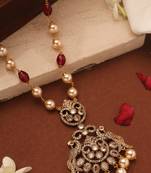 Cream and Maroon Pearl Necklace with Peacock Motif and American Stone Studded Work