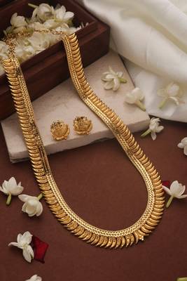 Gold Plated Long Necklace Set with Floral Designs 1