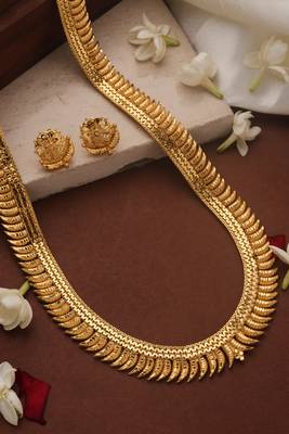 Gold Plated Long Necklace Set with Floral Designs 2