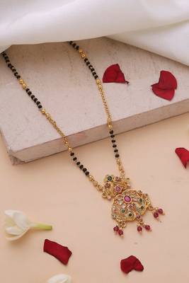 Gold-Plated Pendant Mangalsutra with Black and Gold Beaded Chain 1