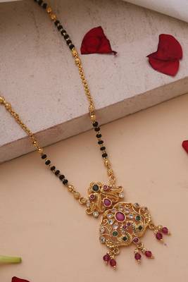 Gold-Plated Pendant Mangalsutra with Black and Gold Beaded Chain 2