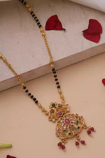 Gold-Plated Pendant Mangalsutra with Black and Gold Beaded Chain