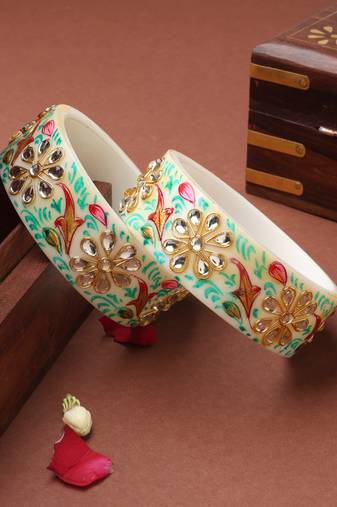 Hand-Painted Green Meenakari White Bangles