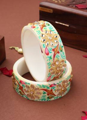 Hand-Painted Green Meenakari White Bangles 2