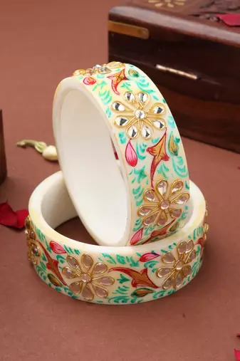 Hand-Painted Green Meenakari White Bangles
