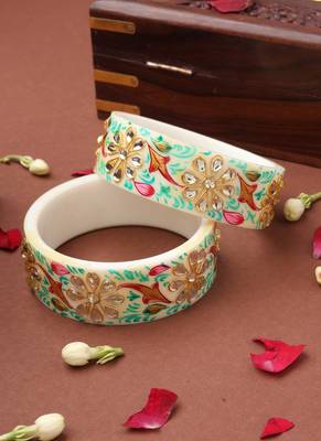 Hand-Painted Green Meenakari White Bangles 3