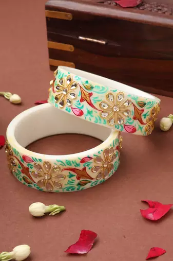 Hand-Painted Green Meenakari White Bangles
