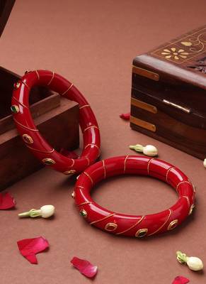 Red Bangles with Gold Leaf Design and Stone Studs 2