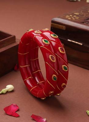 Red Bangles with Gold Leaf Design and Stone Studs 1