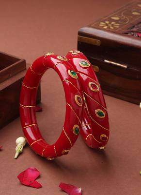 Red Bangles with Gold Leaf Design and Stone Studs 3