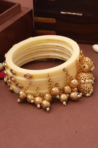 White Bangles with Ghungroos and Latkan Jhumkas