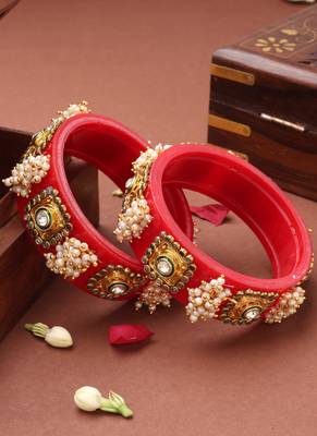 Rajwadi Red Bangles with Pearl and Kundan Work 1