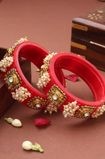 Rajwadi Red Bangles with Pearl and Kundan Work
