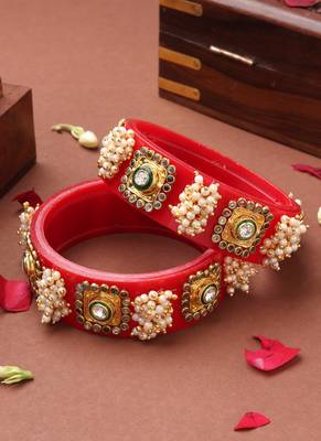 Rajwadi Red Bangles with Pearl and Kundan Work 3