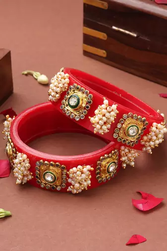 Rajwadi Red Bangles with Pearl and Kundan Work
