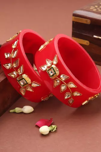 Rajwadi Red Bangles with Kundan Work