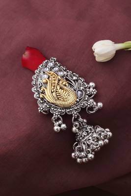 Silver and Gold-Plated Saree Brooch with Peacock Motif 1