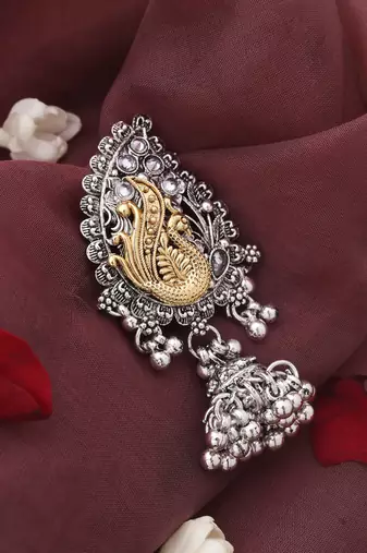 Silver and Gold-Plated Saree Brooch with Peacock Motif