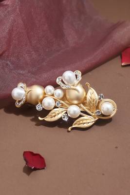 Floral Design Gold-Plated Hair Clip with Pearl Studs 1